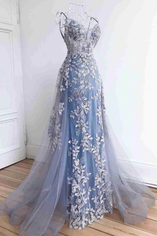 Elegant Mermaid Backless V Neck Blue Lace Long Prom Dresses, Mermaid Blue Formal Dresses, Blue Lace Evening Dresses