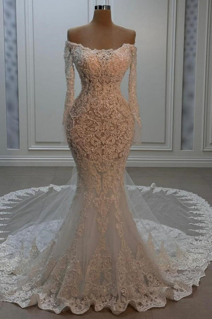 Off-the-Shoulder Appliques Lace Mermaid Wedding Dress with Chapel Train
