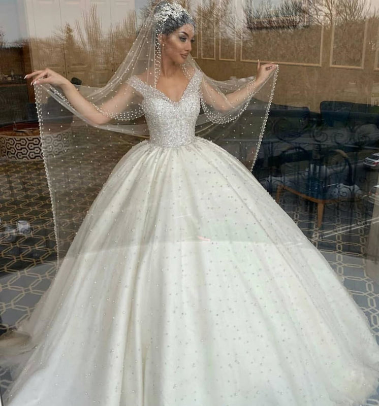 Elegant Off-the-Shoulder Backless Wedding Dress with Pearl Beading