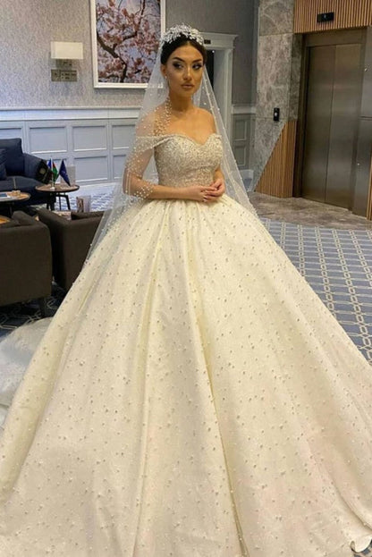 Elegant Off-the-Shoulder Backless Wedding Dress with Pearl Beading