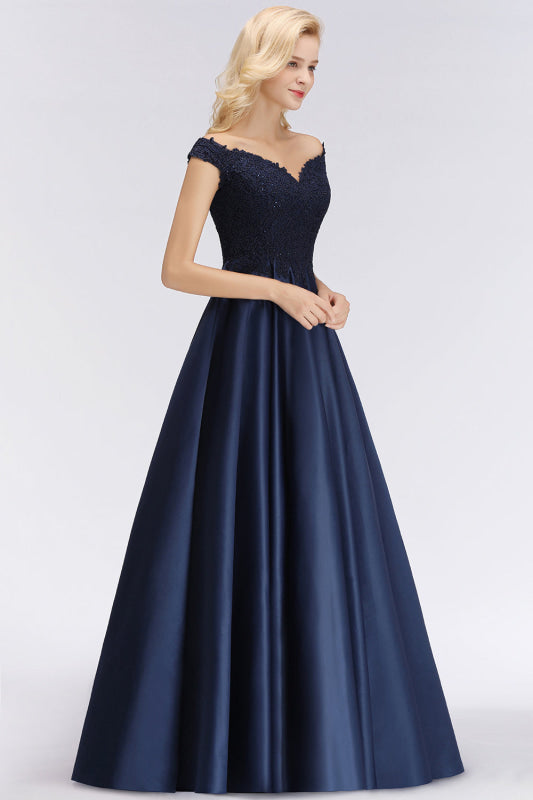 Elegant Off-the-Shoulder Beads Navy Satin Bridesmaid Dresses