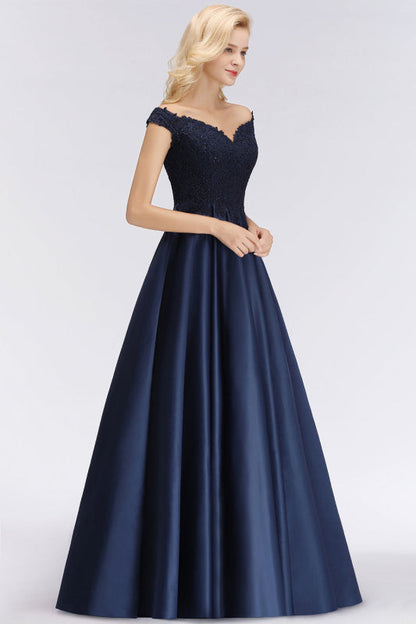 Elegant Off-the-Shoulder Beads Navy Satin Bridesmaid Dresses