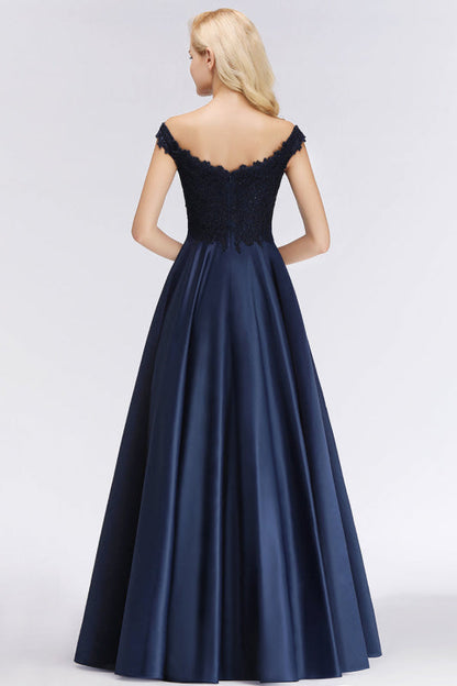 Elegant Off-the-Shoulder Beads Navy Satin Bridesmaid Dresses