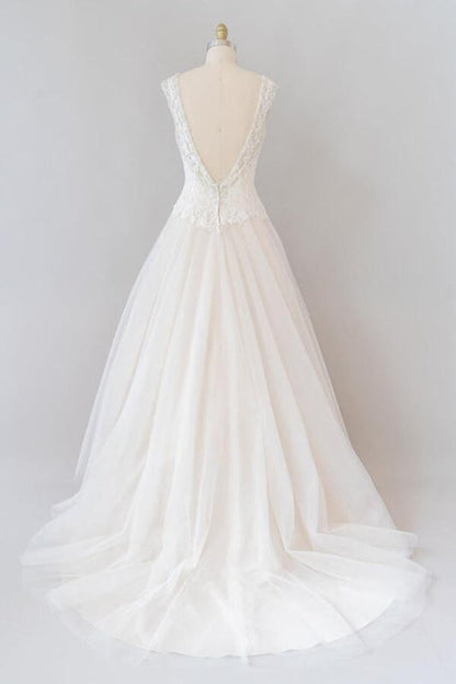 Elegant Open Back Lace Tulle A-line Wedding Dress