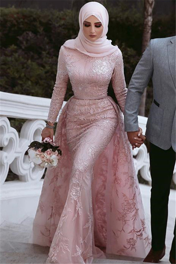 Elegant Pink Long Sleeves Lace Mermaid Prom Dress with Detachable Overskirt
