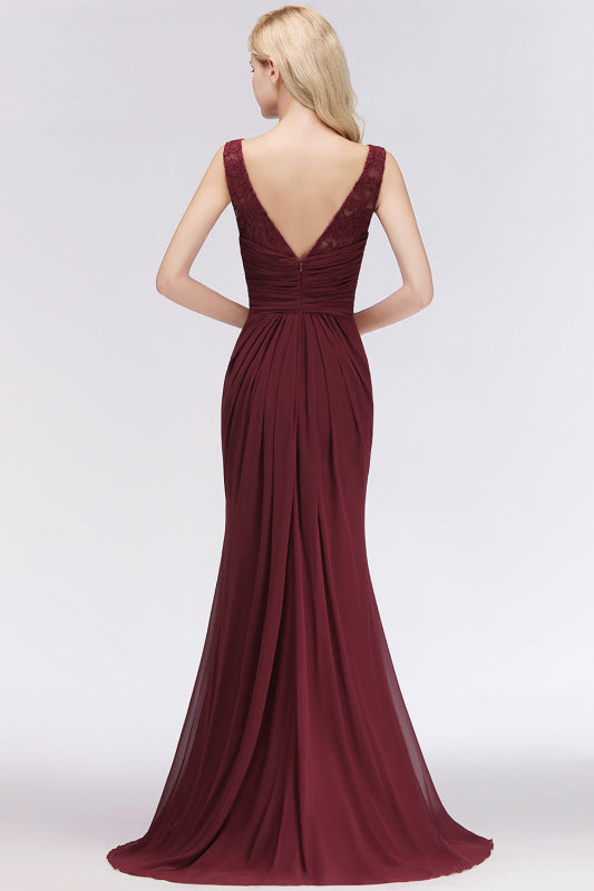 Elegant Pleated Chiffon Lace Bridesmaid Dress Burgundy Mermaid Formal Dress