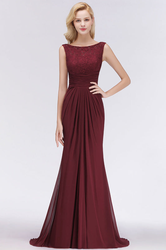 Elegant Pleated Chiffon Lace Bridesmaid Dress Burgundy Mermaid Formal Dress