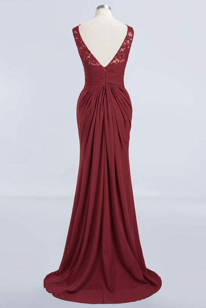 Elegant Pleated Chiffon Lace Bridesmaid Dress Burgundy Mermaid Formal Dress