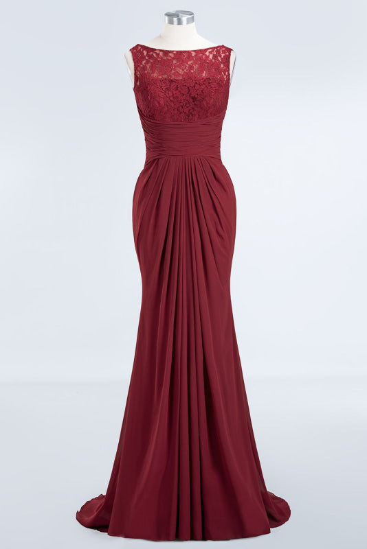 Elegant Pleated Chiffon Lace Bridesmaid Dress Burgundy Mermaid Formal Dress
