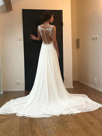 Elegant Round Neck Lace White Chiffon Wedding Dress