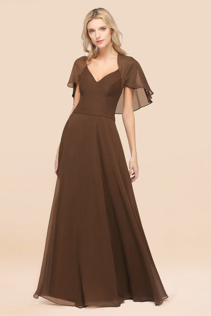 Elegant Satin V-Neck Chiffon Bridesmaid Dress Long with Flutter Sleeve
