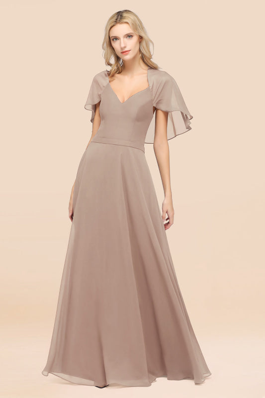 Elegant Satin V-Neck Chiffon Bridesmaid Dress Long with Flutter Sleeve
