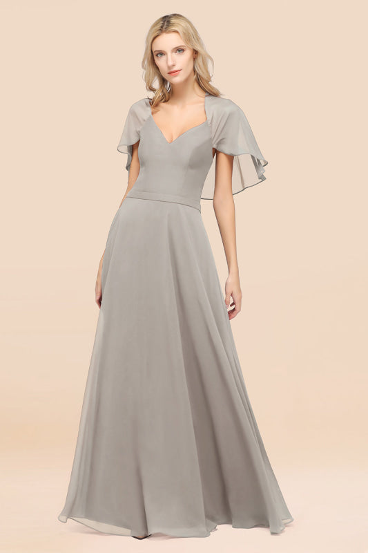 Elegant Satin V-Neck Chiffon Bridesmaid Dress Long with Flutter Sleeve
