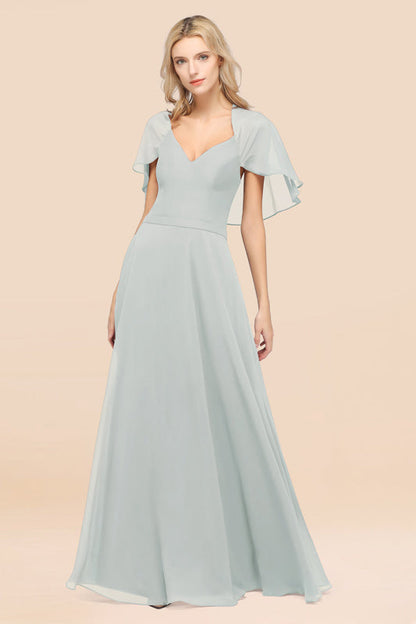 Elegant Satin V-Neck Chiffon Bridesmaid Dress Long with Flutter Sleeve