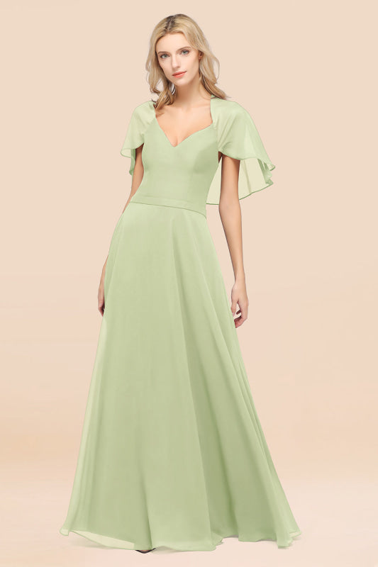 Elegant Satin V-Neck Chiffon Bridesmaid Dress Long with Flutter Sleeve