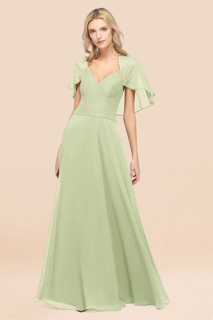 Elegant Satin V-Neck Chiffon Bridesmaid Dress Long with Flutter Sleeve