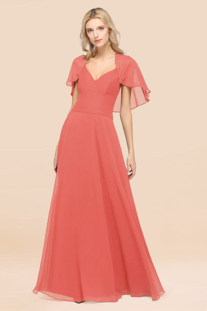 Elegant Satin V-Neck Chiffon Bridesmaid Dress Long with Flutter Sleeve