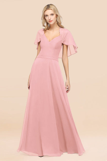 Elegant Satin V-Neck Chiffon Bridesmaid Dress Long with Flutter Sleeve