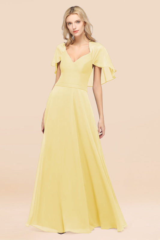Elegant Satin V-Neck Chiffon Bridesmaid Dress Long with Flutter Sleeve