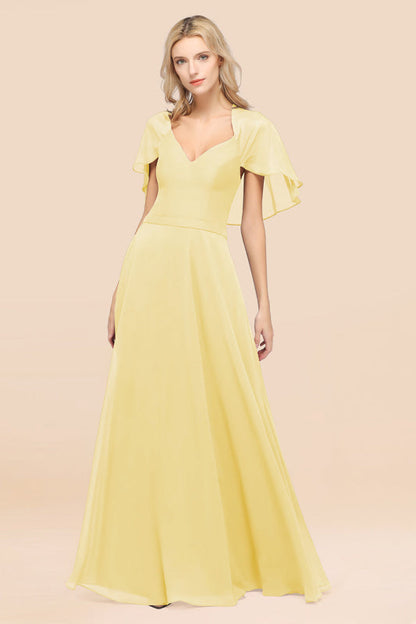 Elegant Satin V-Neck Chiffon Bridesmaid Dress Long with Flutter Sleeve