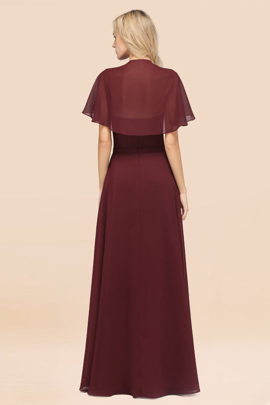 Elegant Satin V-Neck Chiffon Bridesmaid Dress Long with Flutter Sleeve