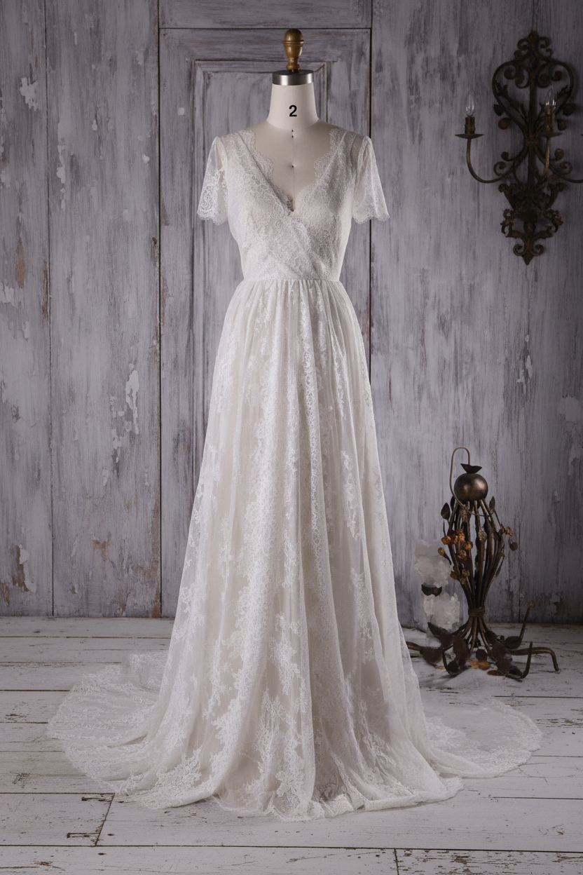 Elegant Short Sleeve A-line Lace Wedding Dress