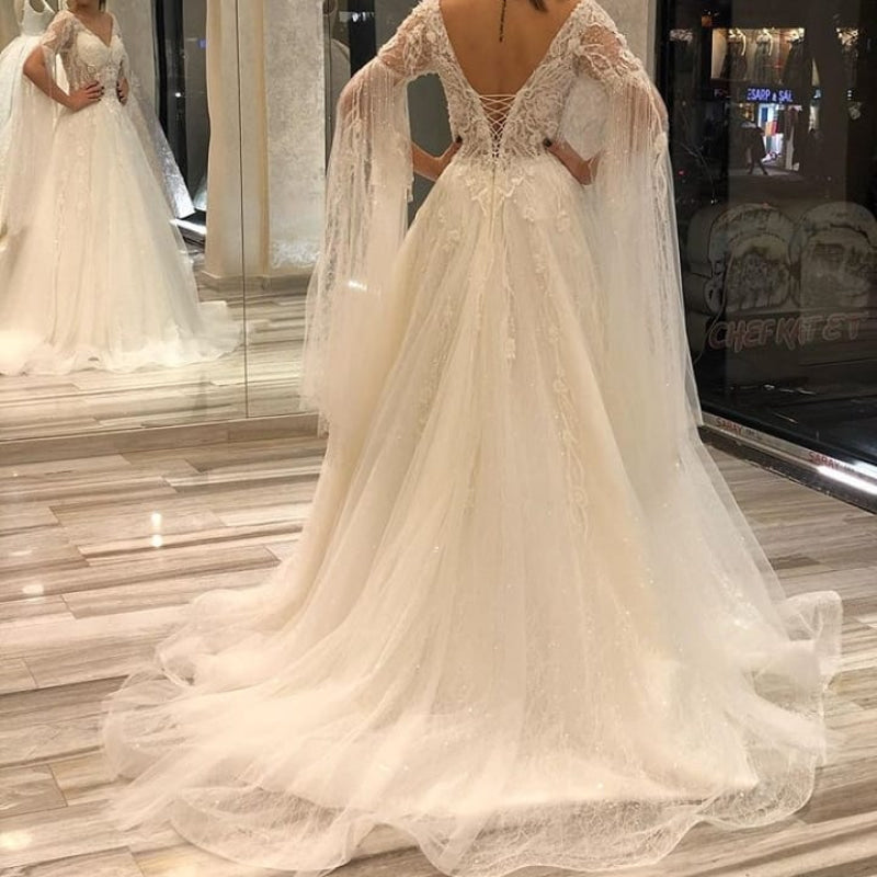 Elegant Short-Sleeve Lace A-Line Wedding Gown Deep V-Neck Pearls Bridal Dress