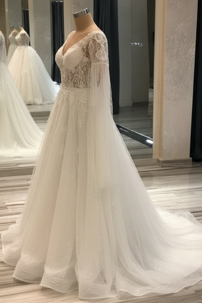Elegant Short-Sleeve Lace A-Line Wedding Gown Deep V-Neck Pearls Bridal Dress