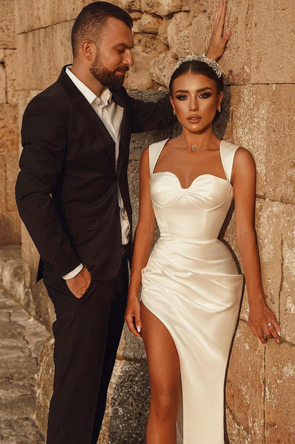 Ivory Sweetheart Wedding Dress Mermaid Satin Bridal Dress Solid Color Simple With Slit