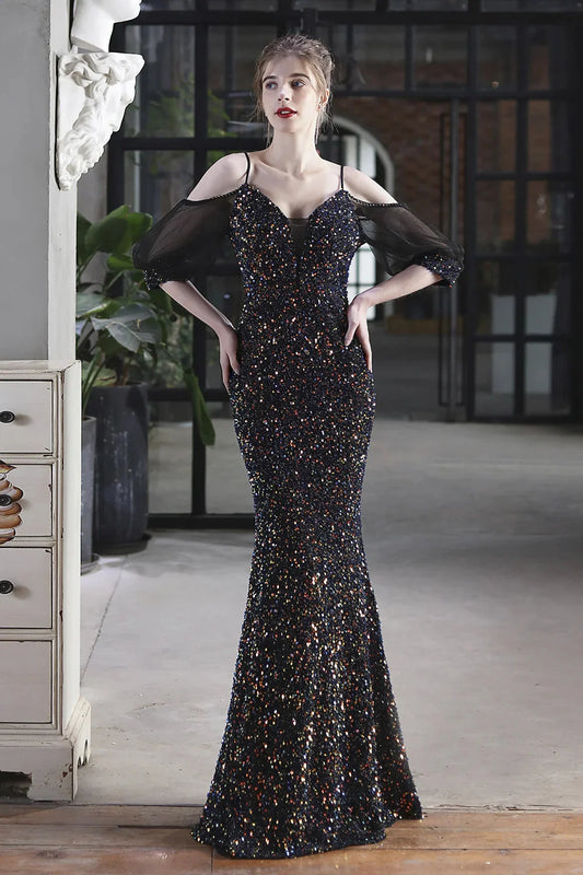 Elegant Spaghetti-Straps V-Neck Sequined Evening Formal Dress Mermaid With Bubble Tulle Sleeves