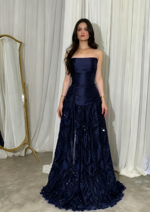 Navy Blue Long Prom Dresses Satin Evening Gowns Dresses Elegant