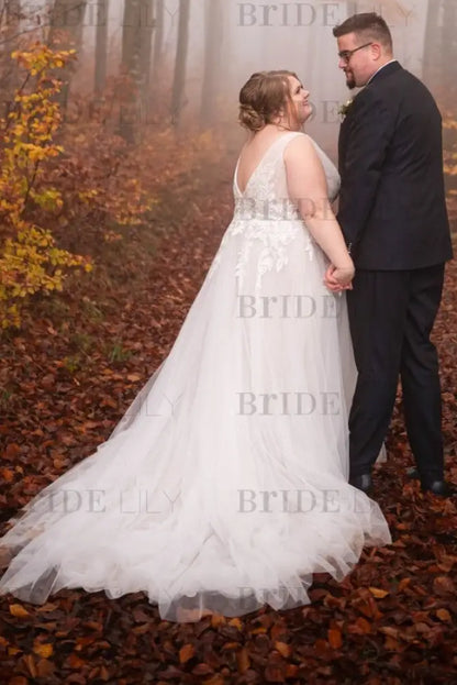 Elegant Tulle Aline Wedding Dress V-neck Plus Size Bridal Dress with Appliques