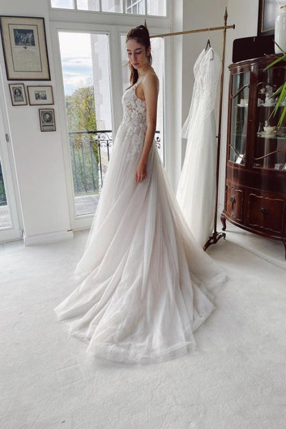Elegant Tulle Floral Lace Aline Wedding Dresses Sleeveless