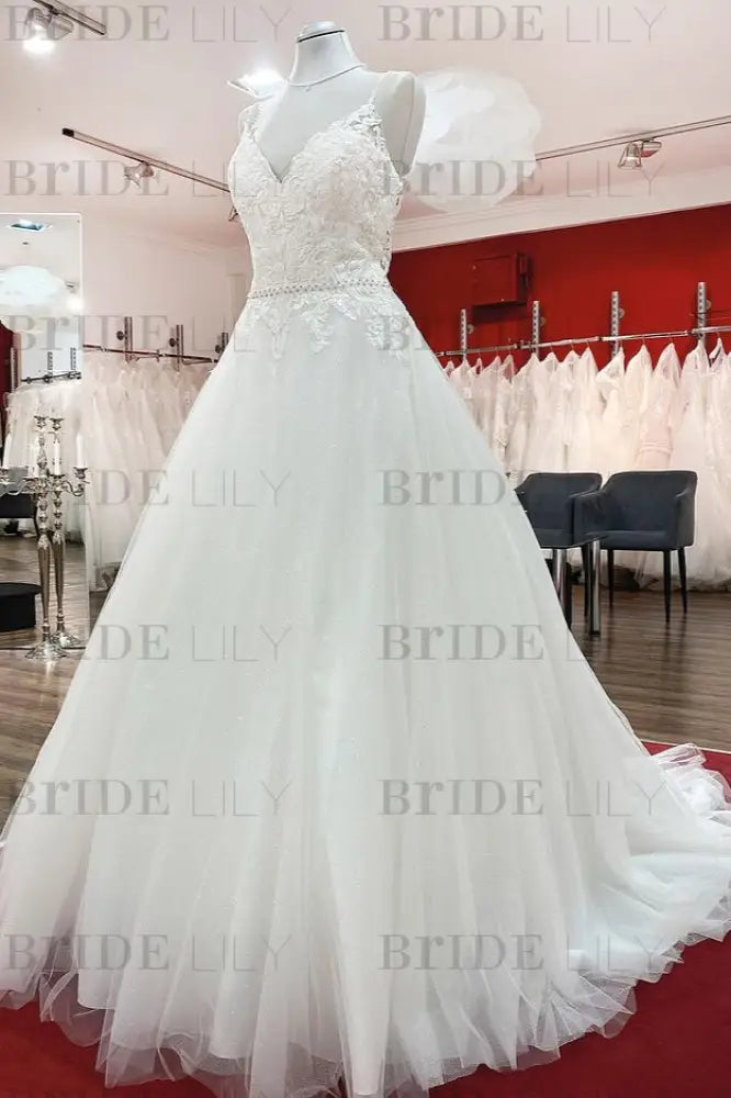 Elegant Tulle Lace A-line Wedding Dress V-neck with Spaghetti Straps