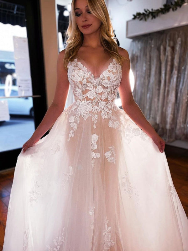 Elegant V-Neck Aline Wedding Dress Tulle Lace Bridal Dress Sleeveless