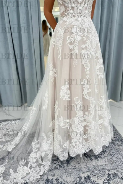 Elegant V-Neck Lace Aline Wedding Dress with Appliques