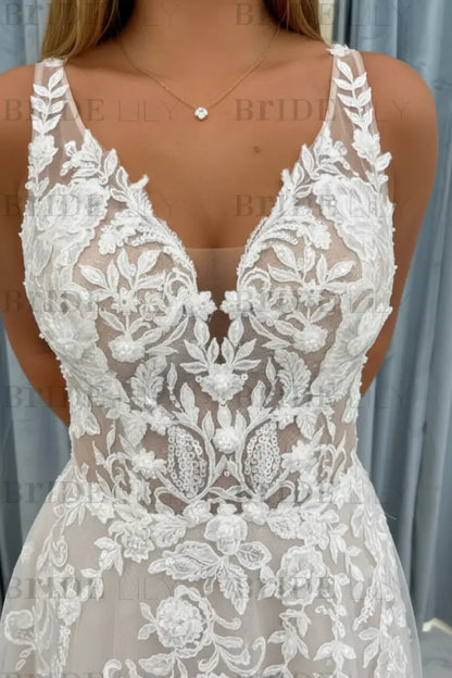 Elegant V-Neck Lace Aline Wedding Dress with Appliques