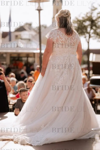 Elegant V-neck Tulle Aline Wedding Dress Plus Size Floral Lace Appliques