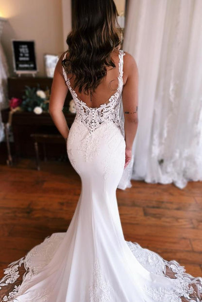 Ivory Mermaid Wedding Dress with Lace Appliques & Cathedral Train