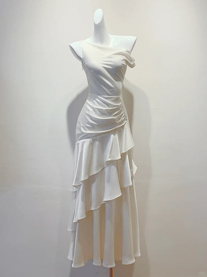 Elegant Mermaid Evening Dress Ruffle Satin Wedding Guest Outfit