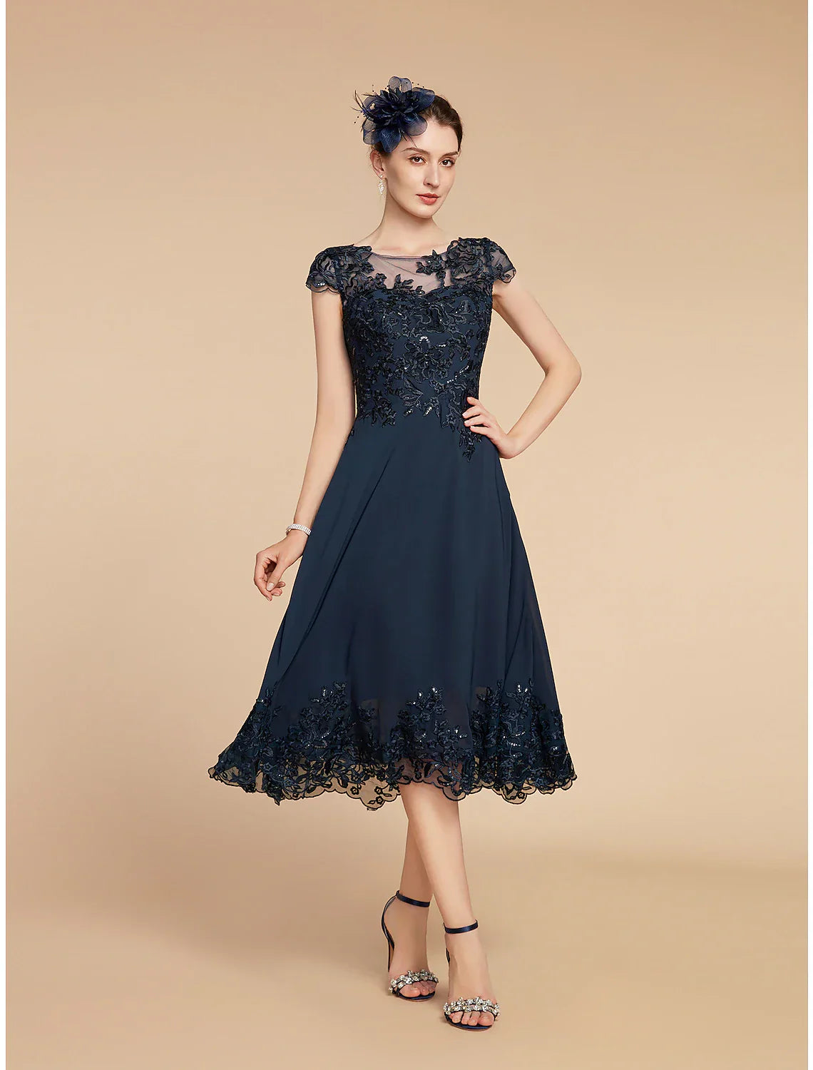 A-Line Mother of the Bride Dress Formal Wedding Guest Elegant Vintage Scoop Neck Tea Length Lace 3/4 Length Sleeve with Sequin Appliques
