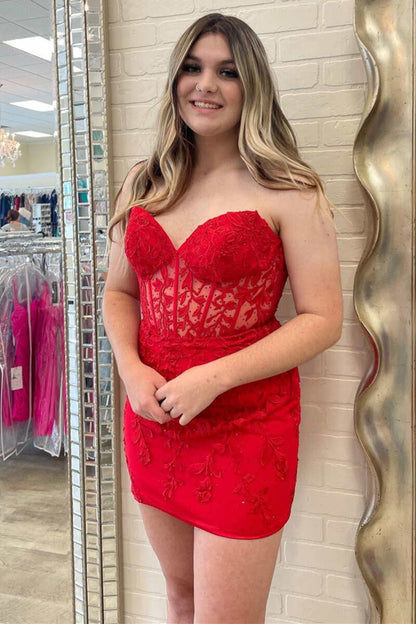 Lace Appliques Strapless Lace-Up Sleeveless Mini Homecoming Dress