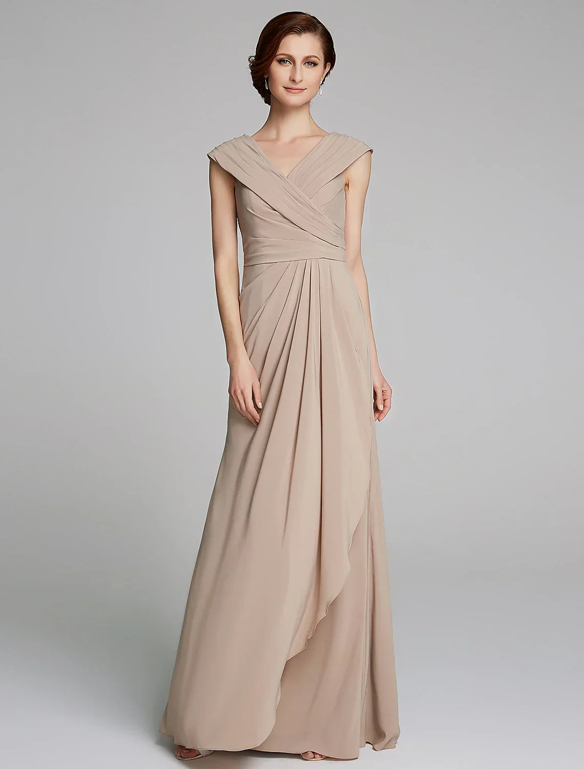 Sheath / Column Mother of the Bride Dress Elegant V Neck Floor Length Jersey Short Sleeve with Pleats
