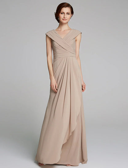 Sheath / Column Mother of the Bride Dress Elegant V Neck Floor Length Jersey Short Sleeve with Pleats