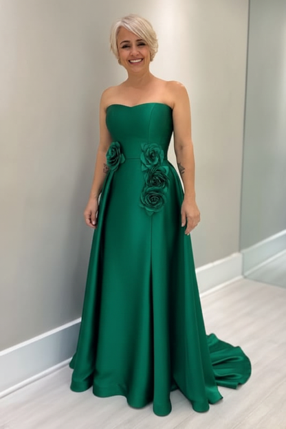 Dusty Blue Satin Mother of the Bride Dress Strapless with Flowers