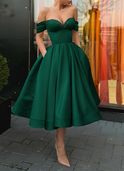 Off Shoulder Satin Tea Length Prom Dresses Sequins Pink Formal Graduation Evening Dresses