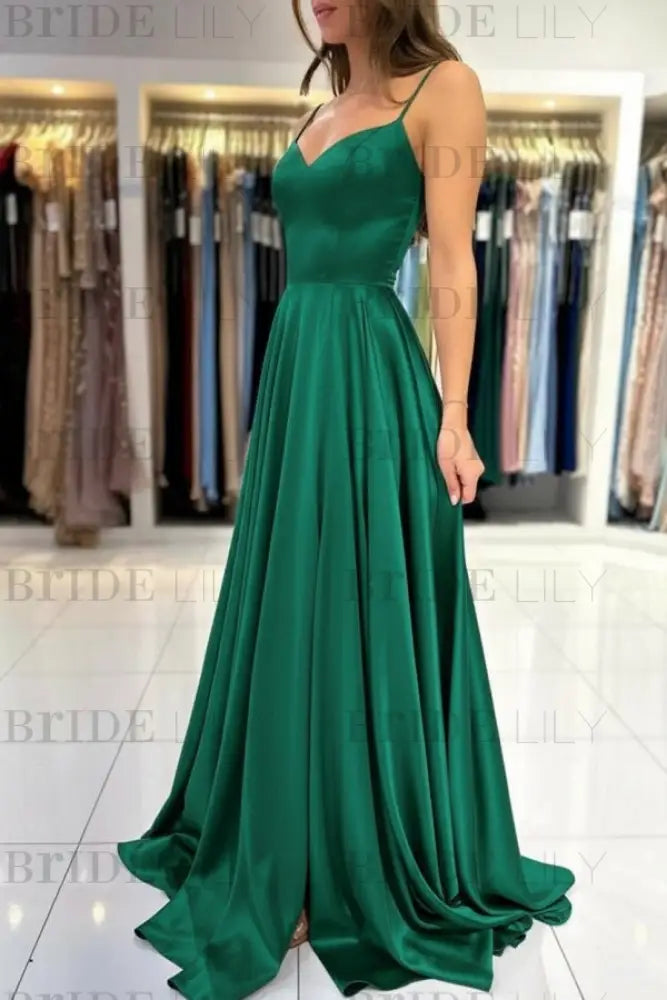 Spaghetti Straps Simple Satin Long Prom Dress with Slit