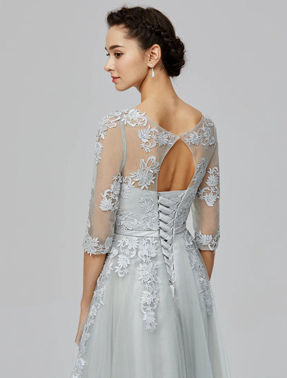 Wholesale A-Line Empire Dress Wedding Guest Prom Dress Floor Length Half Sleeve Illusion Neck Tulle with Bow(s) Appliques