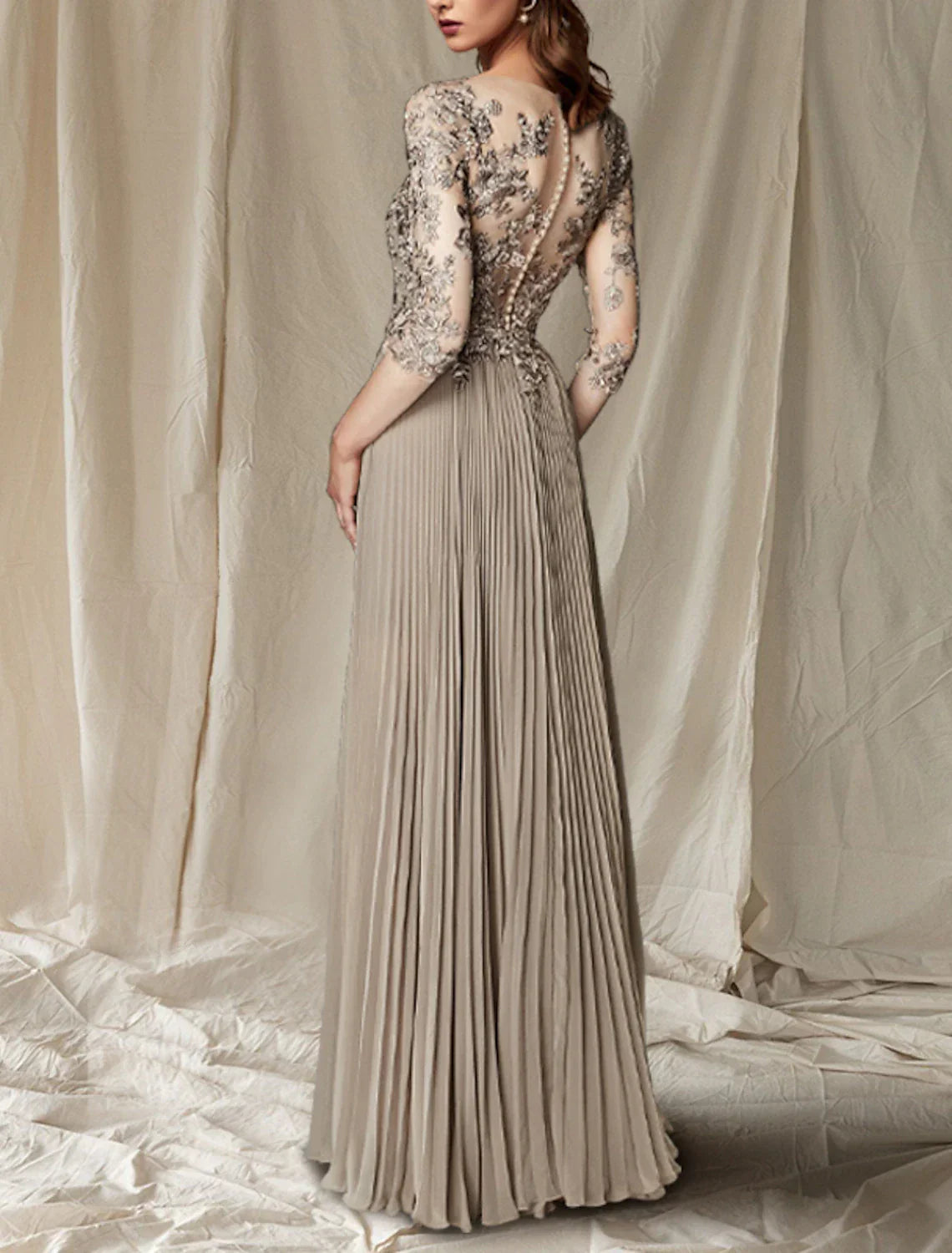 A-Line Mother of the Bride Dress Wedding Guest Elegant Plus Size V Neck Floor Length Chiffon Lace Half Sleeve with Pleats Appliques