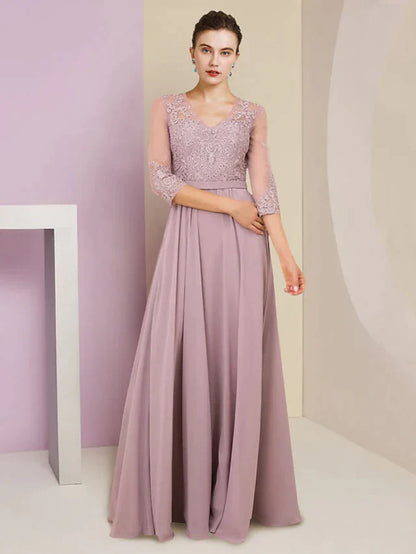 DingjiA-Line Mother of the Bride Dress Formal Wedding Guest Elegant V Neck Floor Length Chiffon Lace 3/4 Length Sleeve with Pleats Appliques